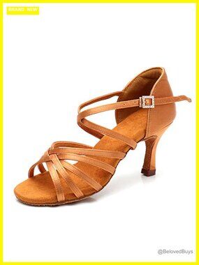 Satin Latin Dance Shoes Block Heel Ankle Strap Ballroom Salsa Practice